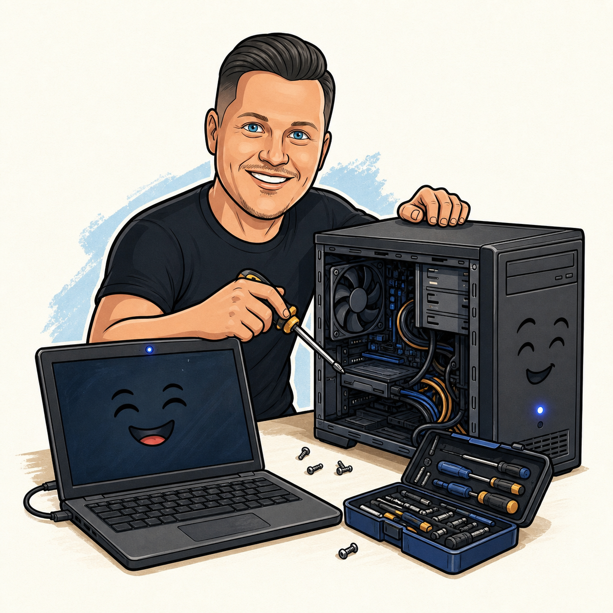 Jamie repairing a cheerful laptop and desktop computer