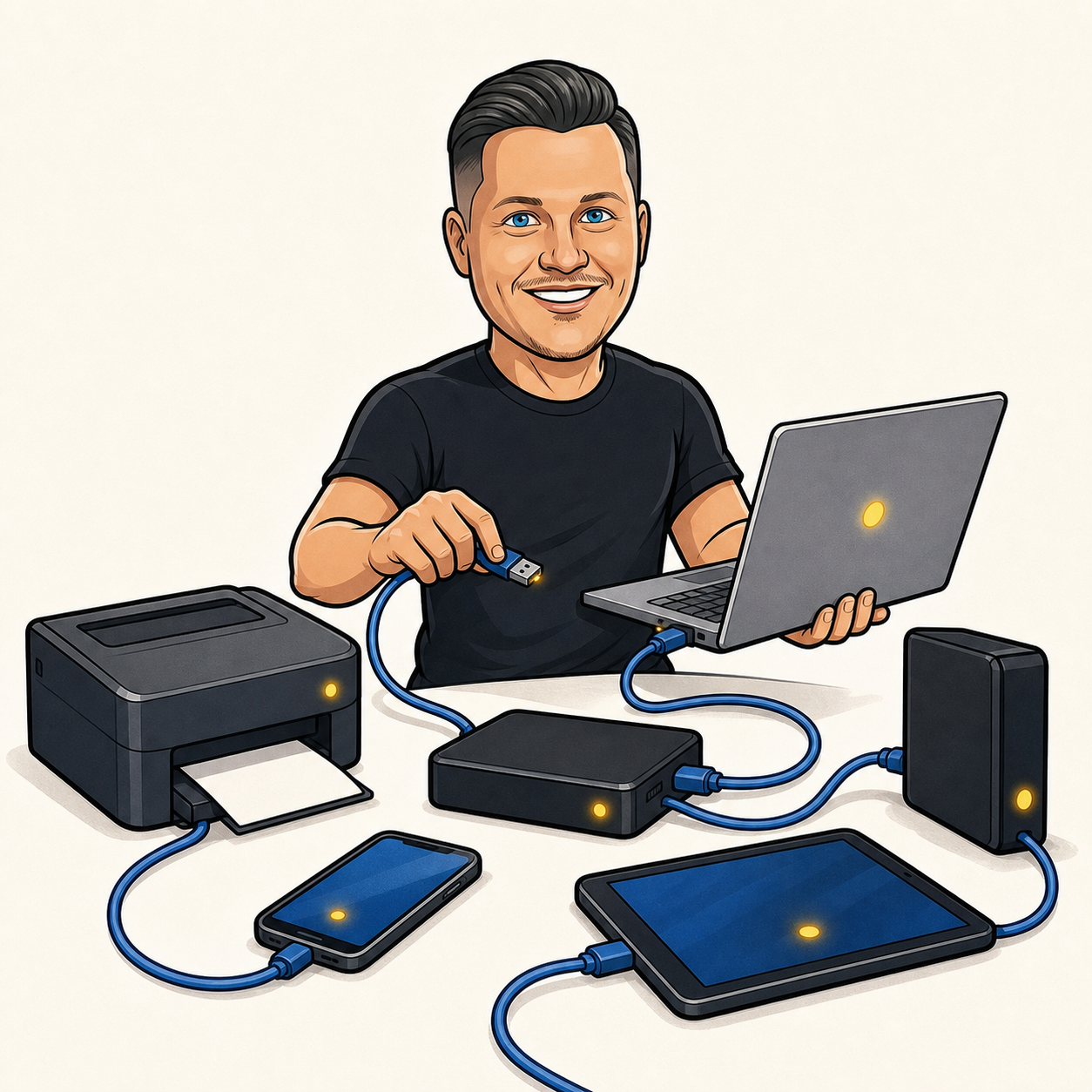 Jamie setting up a laptop, phone, tablet, printer, and backup drive