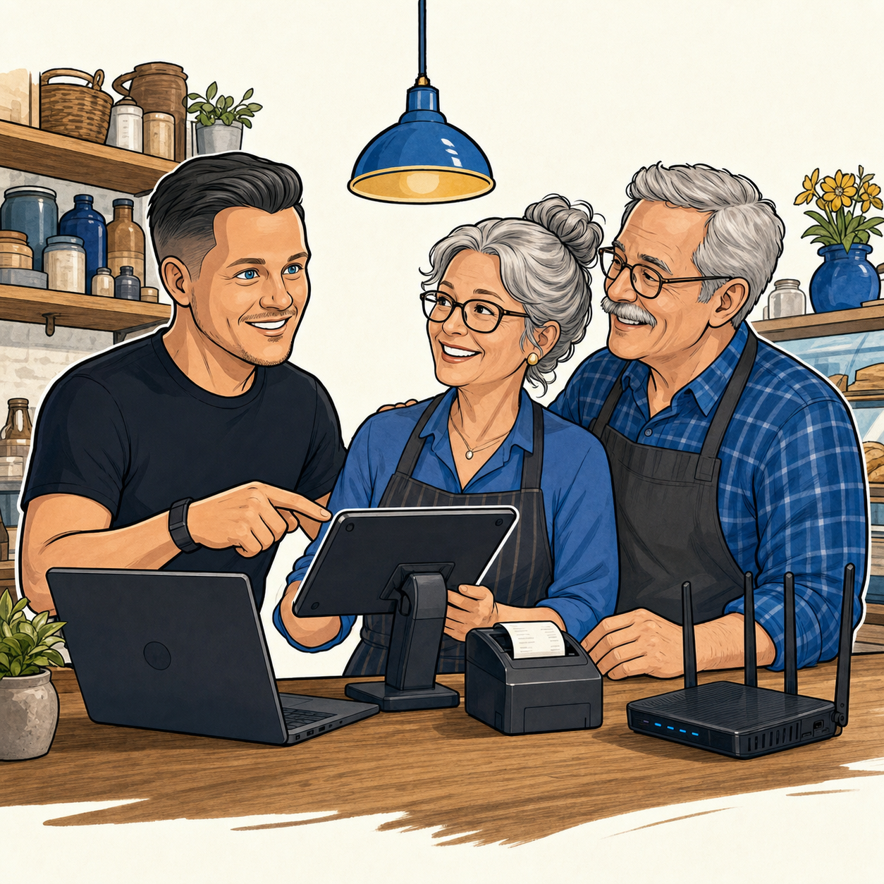 Jamie helping the owners of a neighborhood shop with their technology